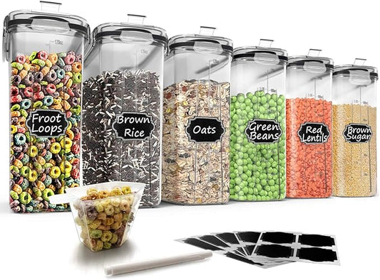 Wildone Cereal Storage Containers Set, Large BPA Free Plastic Airtight Food Storage Containers 4L for Flour, Sugar, 6 Piece Set Cereal Dispensers with 20 Labels & Marker, Black