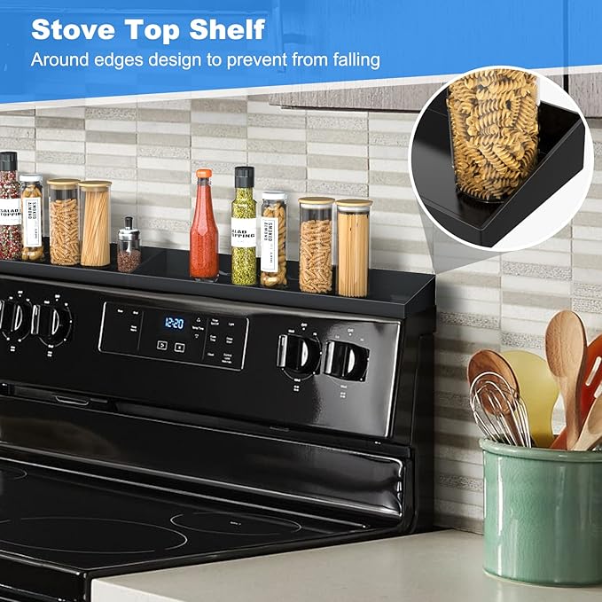 30" Magnetic Stove Top Shelf Spice Rack,2 Pack 15" kitchen Seasoning Organizers Storage Gadgets Spice Rack Over The Stove Shelf Metal,Only For Flat Top Stove (Black)