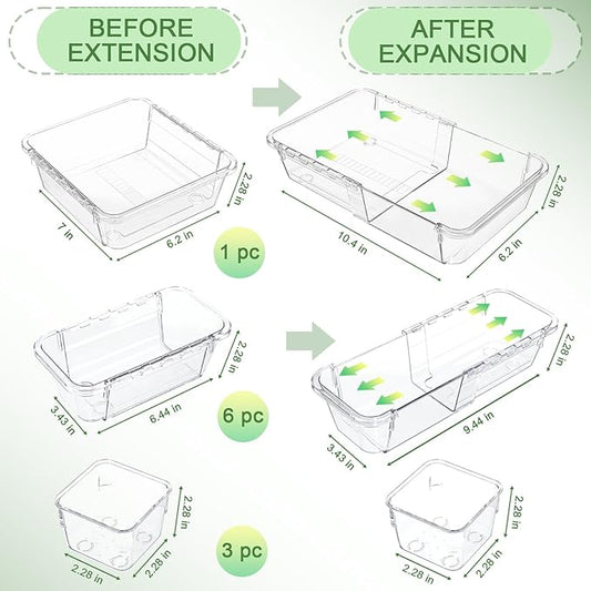 10 Pcs Clear Drawer Organizer, Adjustable Storage Bins (3 Sizes), Desk and Dresser Organizers for Makeup, Cosmetics, Kitchen Utensils, Bedroom, and Gadgets