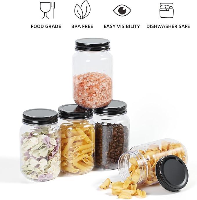 16 Ounce Clear Plastic Mason Jars With Screw On Lid, Reusable Empty Jars for Food Storage, Round BPA Free Containers for Sealing, Dry Food, Snacks, Candies, Breakage-proof, (Black - 20 Pack)