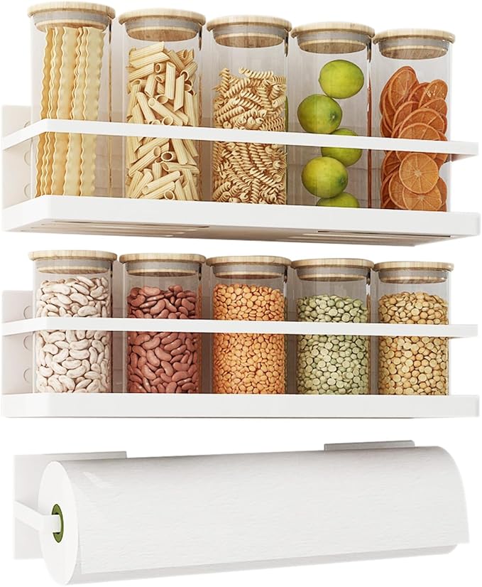 Magnetic Spice Rack for Refrigerator Magnetic Fridge Shelf for Kitchen Spice Organizer Magnetic Shelf for Fridge White 2 Pack with Magnetic Paper Towel Holder