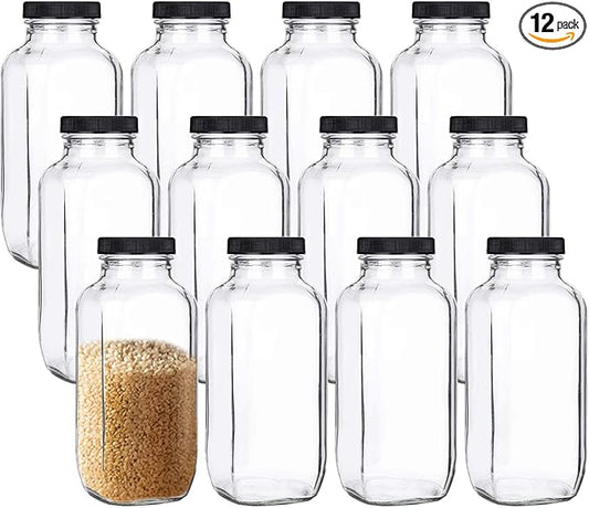 Yarlung 12 Pack 17Oz French Glass Spices Jars with Plastic Lids, Clear Square Water Juice Bottles for Storing Herbs, Condiments, Cereals, Milk, Beverages, Kitchen, Pantry, Office