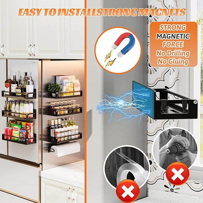 7 Pack Magnetic Spice Storage Rack Organizer for Refrigerator and Oven, Black Fridge Organizers and Storage, Paper towel holder, Punch and no-punch dual purpose