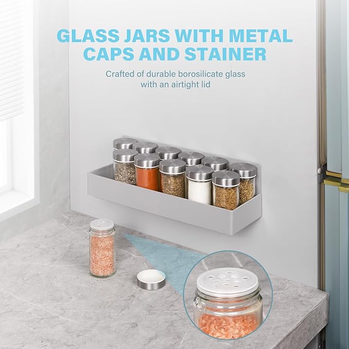 Magnetic Spice Rack with 12 Glass Spice Jars ，Spice Organizer Set for Refrigerator，3oz. Glass Spice Jars with Shaker Lids and Metal Caps，Magnetic Spice Rack with Jars Kitchen Spice Storage Set