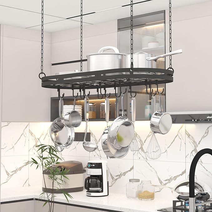 33” Hanging Pot Rack Ceiling Mount, Black Metal Pan Rack Hanging with 15 Hooks, Oval Pots and Pans Hanging Rack, Ceiling Hanging Pot Racks with Grid, Pan and Pot hangers for Kitchen Cookware Utensils