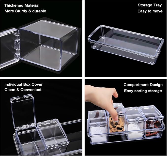 Clear Seasoning Box, 4 Piece Seasoning Rack Spice Pots, Plastic Storage Container Condiment Jars with Lids and Spoon, Kitchen Organization Containers for Spice, Salt, Sugar, Cruet