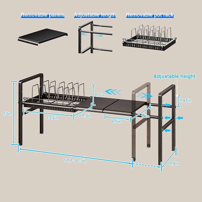 Pots and Pans Organizer Under Cabinet, Expandable 1 Tier Under Sink Organizers and Storage Adjustable Height Kitchen Pot and Pan Lid Holder Rack with 6 Dividers Under Cabinet Shelf(Black)