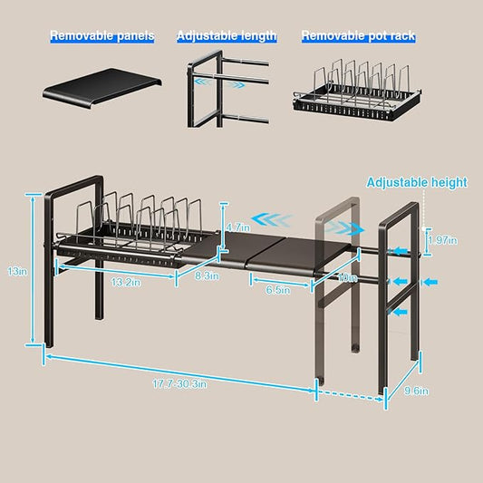 Pots and Pans Organizer Under Cabinet, Expandable 1 Tier Under Sink Organizers and Storage Adjustable Height Kitchen Pot and Pan Lid Holder Rack with 6 Dividers Under Cabinet Shelf(Black)