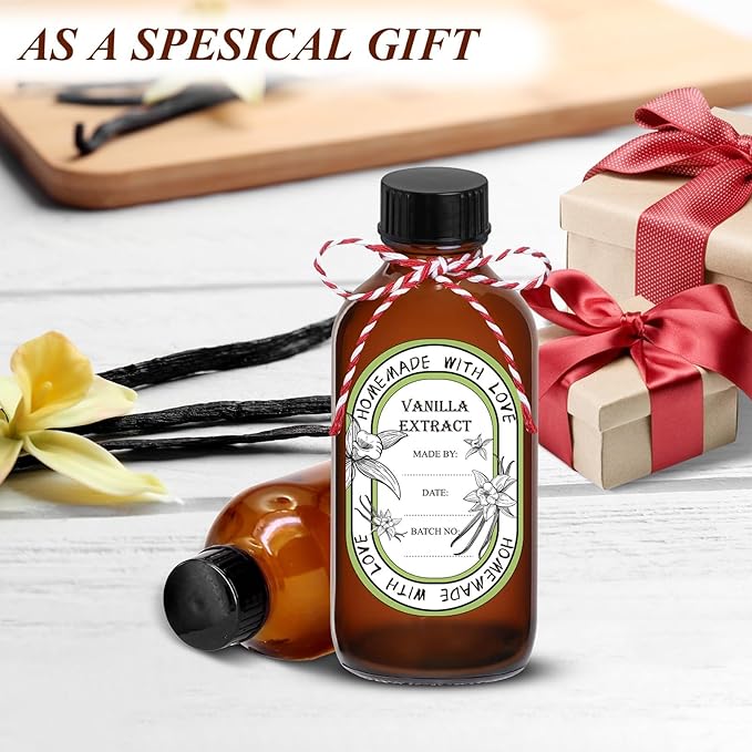 12 Pack 4 oz Vanilla Extract Bottles with Black Poly Cone Caps and 12 Pcs Vanilla Extract Stickers, 120ml Boston Round Sample Bottles for Homemade Vanilla Extract, Essential Oils, Herbal Medicine(4oz)