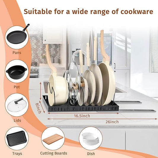 Kitchen Pots and Pans Organizer for Under Cabinet,Retractable Pot Lid Organizer with 8 Adjustable Compartment,17'*8.3" in Pot Rack for Kitchen Storage