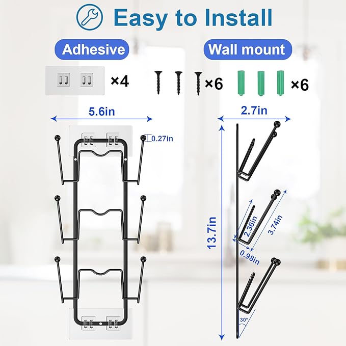 2 Pack Pot Lid Organizer for Cabinet, 2 in 1 Wall Mount & Adhesive Pot Lid Holder Rack for Kitchen Storage 6 Tier Pan Lid Organizer for Easy & Tidy Kitchen Organization