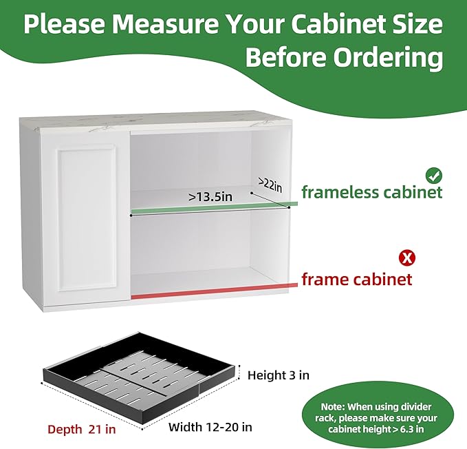 2 Pack Pull Out Cabinet Organizer 21 inch Deep,Expandable Pull out Drawers for Cabinets Adhesive with Film, No Drill Slide Out Drawers for Kitchen Cabinets (Black, 21" D x 12"-20" W(2Pack))