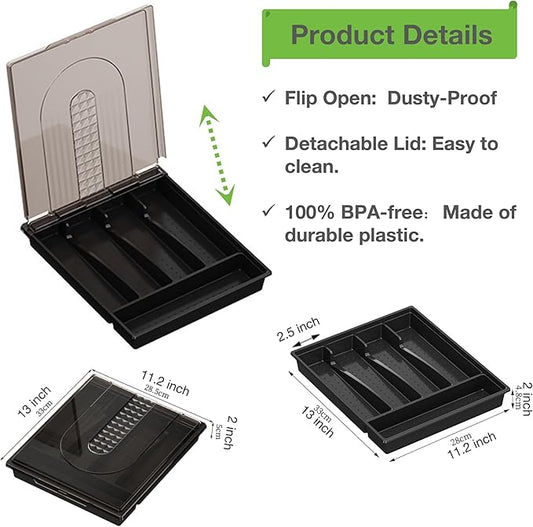 Silverware Container with Removable Lid, Countertop silverware holders Plastic Silverware Tray for Drawer, 5 Compartments Flatware Organizer (Black)