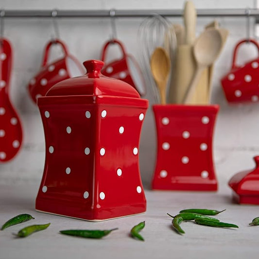 City to Cottage Handmade Red and White Polka Dot Large Ceramic 31.5oz/900ml Kitchen Storage Jar with Lid | Pottery Canister, Cookie Jar, Housewarming Gift