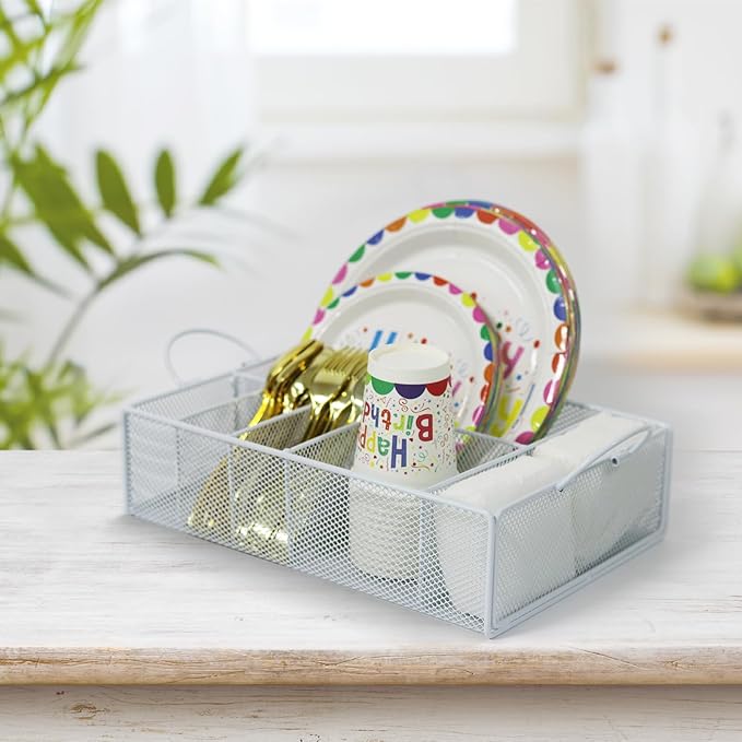 Paper Plate Organizer for Countertop: Dispenser Napkin Holder Utensil Caddy for Party Silverware, Cup, Napkins, Forks, Knives, Spoons (White)