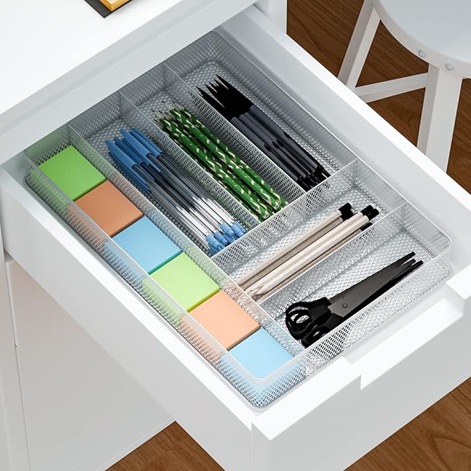 TQVAI Silverware Organizer - 6 Slots Non-Slip Mesh Kitchen Drawer Organizer - Metal Compact Utensil Cutlery Holder in Drawer Tray, Silver