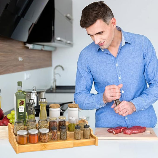 Ruichang 2PCS 3 Tier Expandable Bamboo Spice Rack Seasoning Organizer for Cabinet Pantry Countertop Kitchen Step Shelf