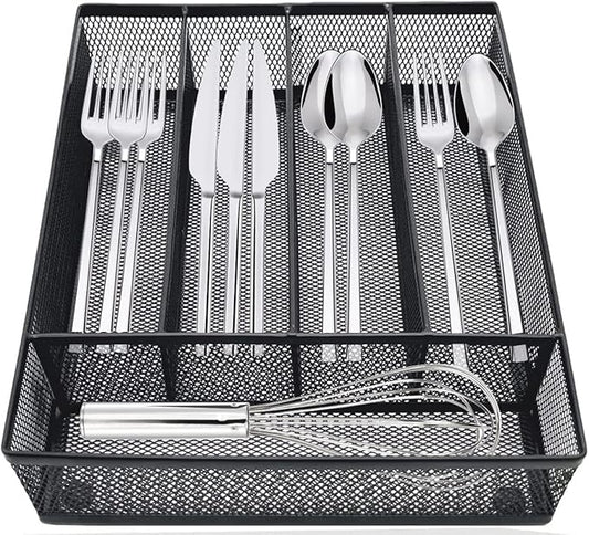 Silverware Tray for Drawer, Silverware Organizer, Metal Drawer Organizer Kitchen Utensils with Foam Feet Multi Compartments Cutlery Organizer in Drawer (BLACK)