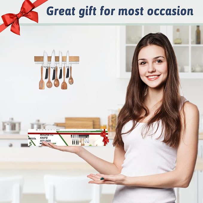 12 Inch Magnetic Knife Holder for Wall - Pailexin Wooden Magnet Knife Strip No Drill with 5 Hooks/Adhesive Tape/Screws, Kitchen Utensil Holder, Magnetic Knife Organizer, Wall Mounted Knife Storage