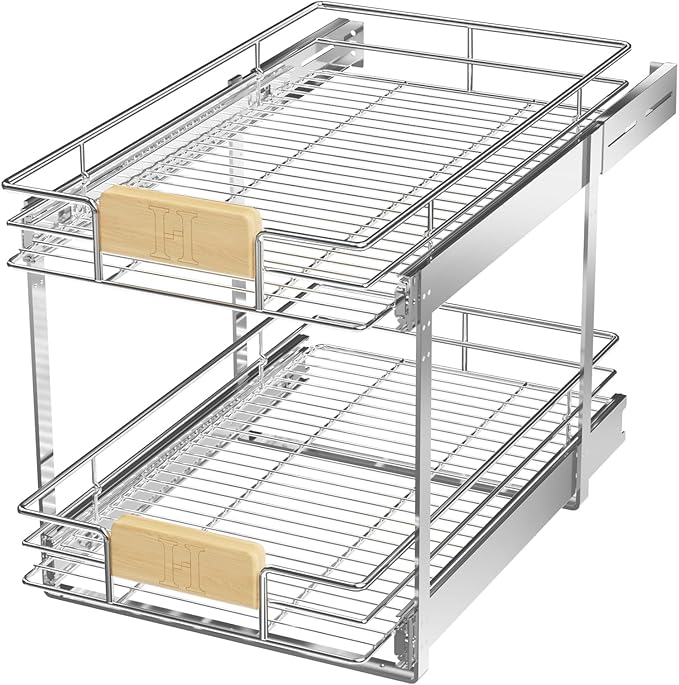 LOVMOR 2 Tier Pull Out Cabinet Organizer 16½" W x 21½" D, Slide Out Drawers with Wooden Handle, Sliding Shelves Organization and Storage for Kitchen, Pantry