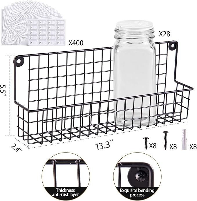 Spice Rack with 28 Jars and Labels,4 Tier Wall Mounted Spice Rack with Jars with 400 White Spice Labels, Chalk Marker and Funnel Set for Cabinet, Countertop, Pantry, Cupboard or Door & Wall Mount.