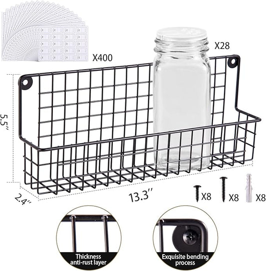 Spice Rack with 28 Jars and Labels,4 Tier Wall Mounted Spice Rack with Jars with 400 White Spice Labels, Chalk Marker and Funnel Set for Cabinet, Countertop, Pantry, Cupboard or Door & Wall Mount.