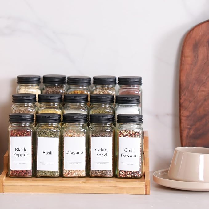 ComSaf 15Pcs 4oz Glass Spice Jars with Shaker Lids, 93 Labels, a Handy Funnel, a Pepper Grinder, Empty Spice Containers and Square Spice Bottles for Kitchen and Seasoning