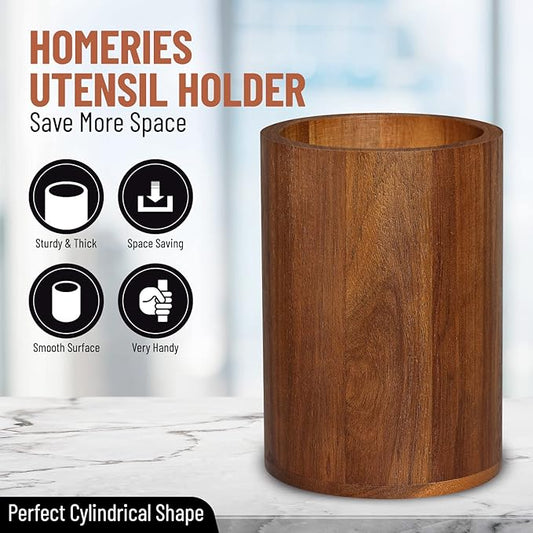 Homeries Acacia wood Utensil Holder for Kitchen Counter Decor, Cooking Utensil Holder Organizer - Kitchen Utensil Storage Organizer for Countertops, Pantry, Bathroom, Office & Center Table
