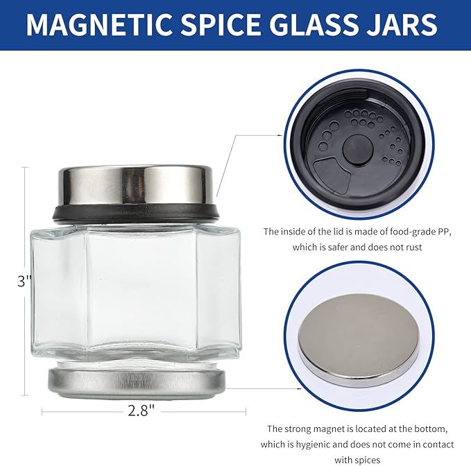10 PCS 5oz Hexagon Glass Large Magnetic Spice Jars for Refrigerator with Labels, Shaker Lids, Magnetic Base, Fridge Magnetic Spice Rack Organizer for Cabinet Wall Mount with Jars