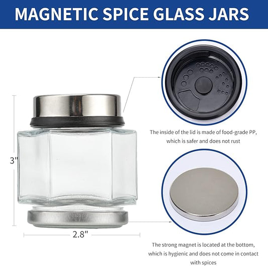 10 PCS 5oz Hexagon Glass Large Magnetic Spice Jars for Refrigerator with Labels, Shaker Lids, Magnetic Base, Fridge Magnetic Spice Rack Organizer for Cabinet Wall Mount with Jars