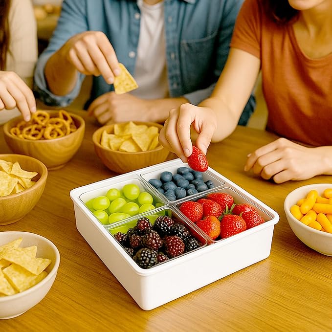 Gourmet Palette Airtight 4-Compartment Serving Tray with Lid – Portable Charcuterie Container, Snack Box, Removable Dividers, Snackle Platter for Fruit, Veggies, Appetizers, Square Design
