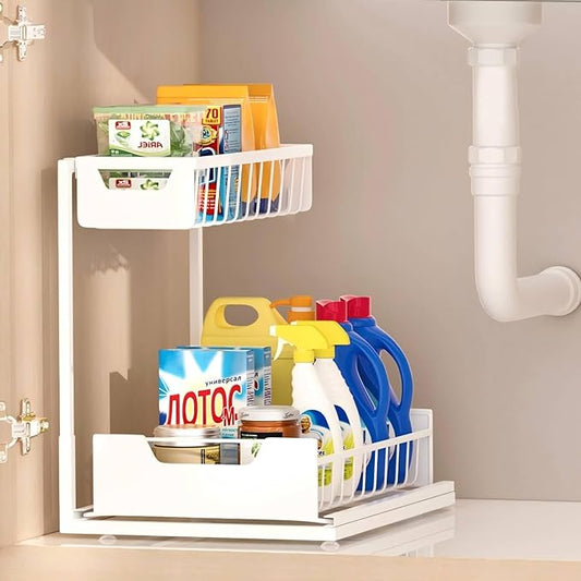 Under Kitchen Sink Organizers and Storage Pull Out 2 Tier Metal Bathroom Cabinet Organizer (White, 1 Pack)