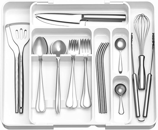 Silverware Organizers for Kitchen Drawers, Expandable Kitchen Drawer Organizer for Large Utensils, Drawer Utensil Organizer, Stackable Spoon Organizer Drawer, White Silverware Organizer Tray