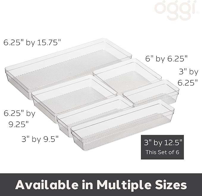 Oggi Clear Drawer Organizer - 3" X 12.5" (Set of 6) - Ideal for Organizing Kitchen Drawers, Office, Desk, Silverware, Kitchen Utensils, Cosmetics and Bathrooms