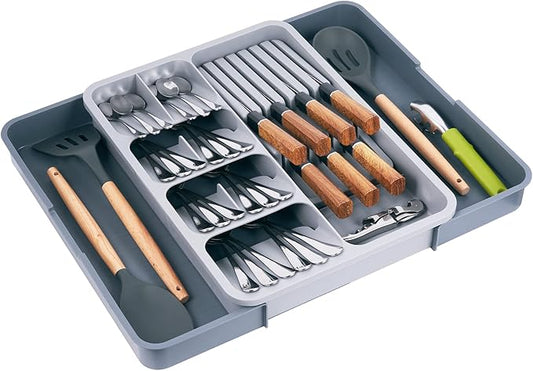 Kitchen Utensil Drawer Organizer, Removable 2-Tier Knife Holder, Expandable Cutlery Tray for Silverware, Flatware and Utensils, Large Kitchen Drawer Dividers for Spoons, Forks, Knives, Gray