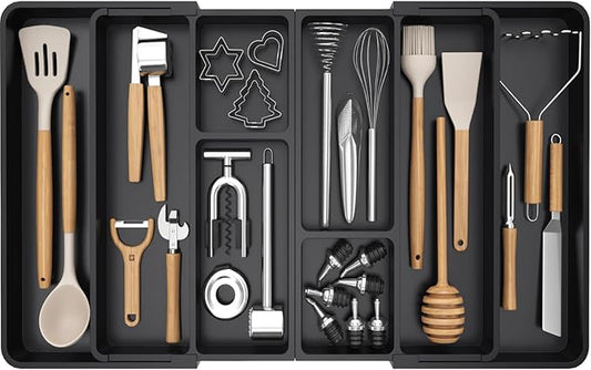 Lifewit Large Utensil Organizer for Kitchen Drawer, Expandable From 21 to 36 Inches, Adjustable Cooking Silverware Tray, Plastic Cutlery Flatware Holder, Spatula Tools Gadgets Storage Divider, Black