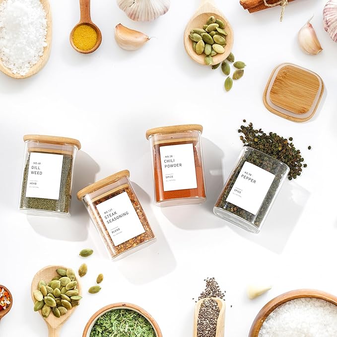 12Pcs Glass Spice Jars with Bamboo Airtight Lids, 6oz Spice Containers with 340 Preprinted Spice Labels of White and Black Color, Empty Seasoning Containers for Spice Salt Sugar Herb