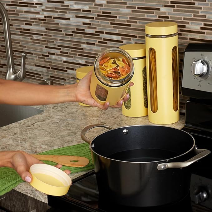 Home Basics Retro Kitchen Canisters For Countertop (4 Piece Set) Yellow Glass with Metal Finish; See-Through Windows; Great For Flour, Coffee, Sugar, Dry Ingredients, Snacks