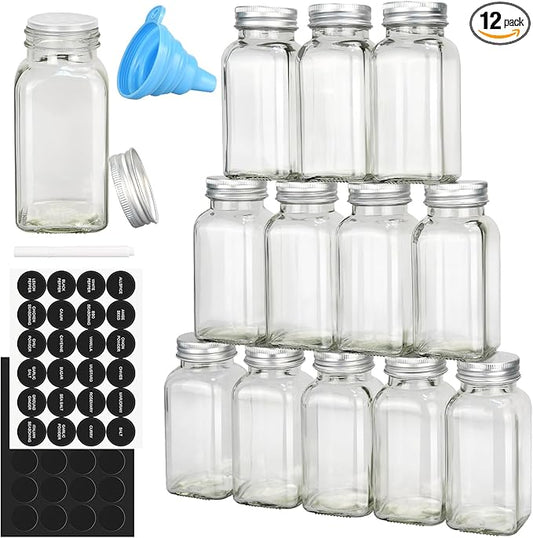 DkOvn 12pcs Glass Spice Jars with Labels, 6oz Empty Spice Jars with Mental Caps, Shaker Lids, Collapsible Funnel, Chalk Pen, Seasoning Organizer for Spice Rack(12pcs 6oz Set)