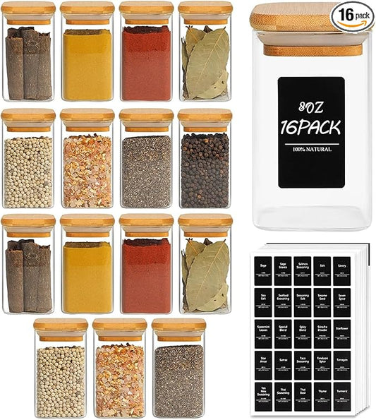 ComSaf Spice Jars with Labels 8 oz 16Pack, Small Spice Containers Starter Set, Glass Seasoning Jars with Lids, Square Seasoning Containers for Salt, Pepper, Chili Powder, Sugar, Loose Tea Storage