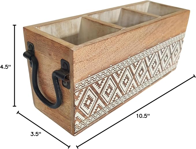 VANIYA CRAFTSR® Handmade Wooden Carved Design 3 Compartments Cutlery Utensil Holder For Napkins, Spoons, Forks, Tissues, Knife (Natural White Finish)