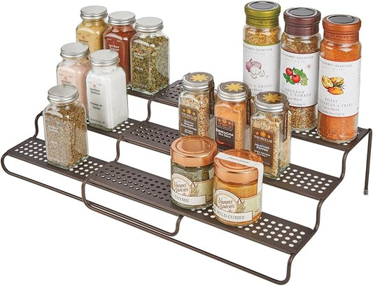 mDesign Adjustable, Expandable Metal Wire Kitchen Spice Rack - Storage Organizer Holder for Cabinet, Cupboard, Pantry, or Countertop - 3 Levels - Up to 25" Wide - Concerto Collection - Bronze