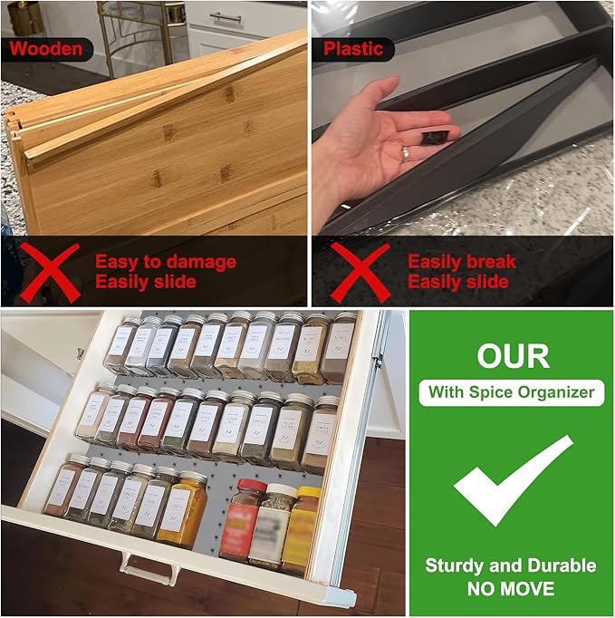 Spice Drawer Organizer insert, Adjustable & Non-Slip Silicone Spice Drawer Liner, in Drawer Spice Organizer for Seasoning Jars and Spices Bottles -Grey
