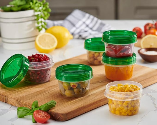 PLASTICPRO 12 Pack Twist Cap Food Storage Containers with Green Screw on Lid- 4 oz Reusable Meal Prep Containers - Small Freezer Containers Microwave Safe Green Plastic Food Storage