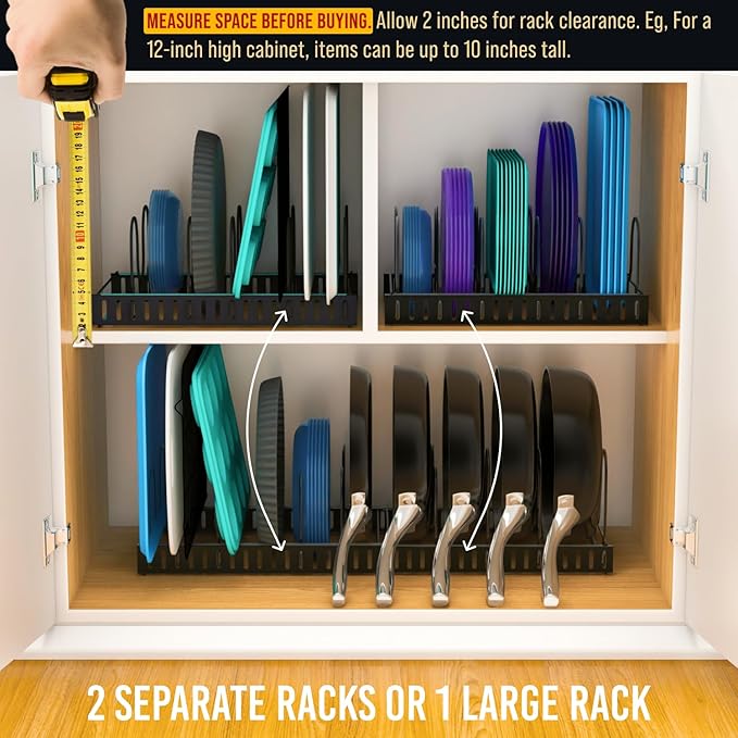 Norcalway Adjustable Bakeware Pots and Pans Organizer Under Cabinet,11 Dividers Cookie Sheet Baking Pan Pot Lid Organizers