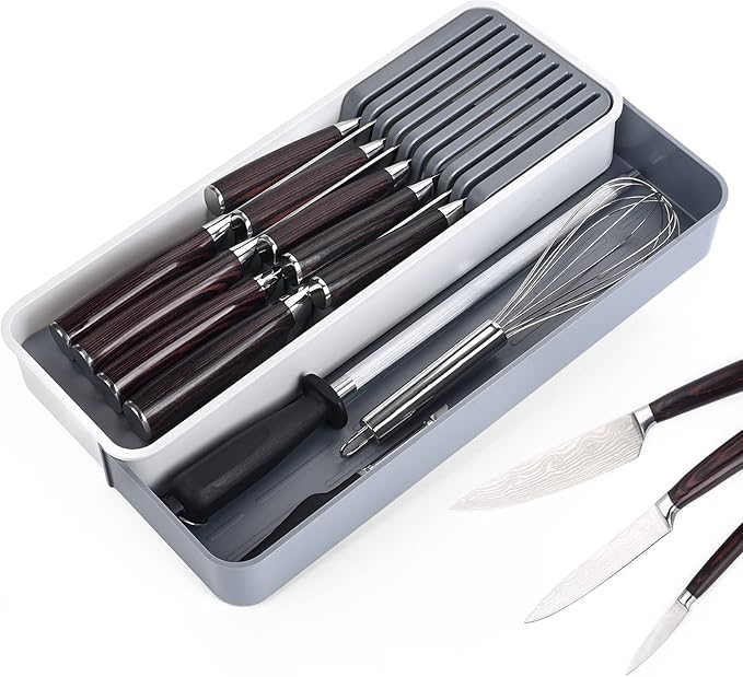 Expandable Drawer Organizers with Knife Block Knife Drawer Organizer stackable Cutlery Tray Knife Holder adjustable tray with Knife Block 9 Knives slot DIY drawer organizer(1 pack)