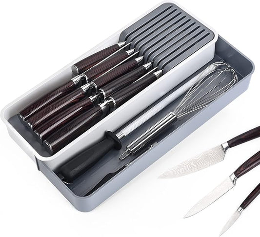 Expandable Drawer Organizers with Knife Block Knife Drawer Organizer stackable Cutlery Tray Knife Holder adjustable tray with Knife Block 9 Knives slot DIY drawer organizer(1 pack)