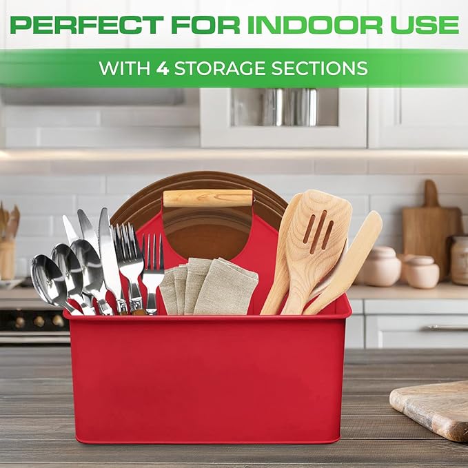 Plexon Red Metal Caddy, Table Utensil Caddy with Handle, Galvanized Steel Utensil Holder for Party, Metal Flatware Caddy Large Silverware Organizer Countertop for Kitchen Garden Patio Bathroom