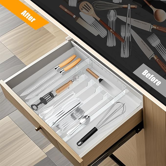 JYPS Silverware Organizer - Expandable Kitchen Drawer Organizer, Adjustable BPA Free Utensil Organizer, Cutlery Drawer Organizer for Forks, Knives, Clear Middle