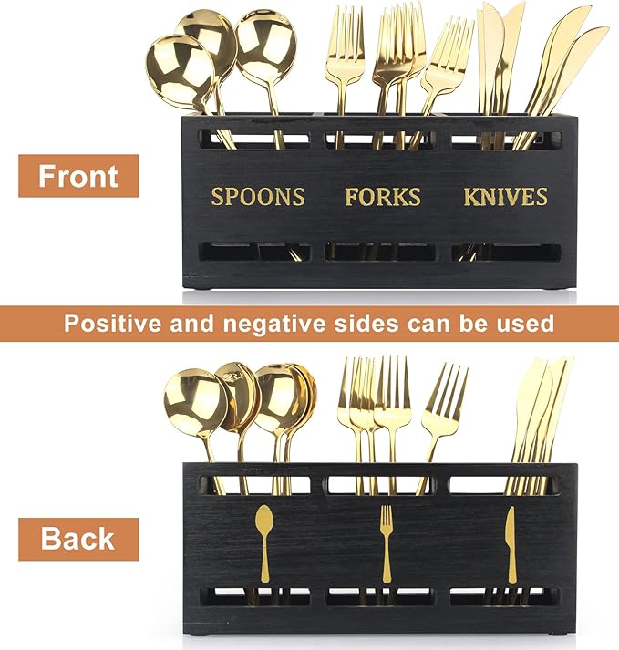 Ayiaren Wooden Cutlery Silverware Holder Flatware Utensil Caddy Black Utensil Holder for Kitchen Counter Wood Silverware Caddy Organizer for Table Countertop Spoon Knife and Fork Holder for Parties